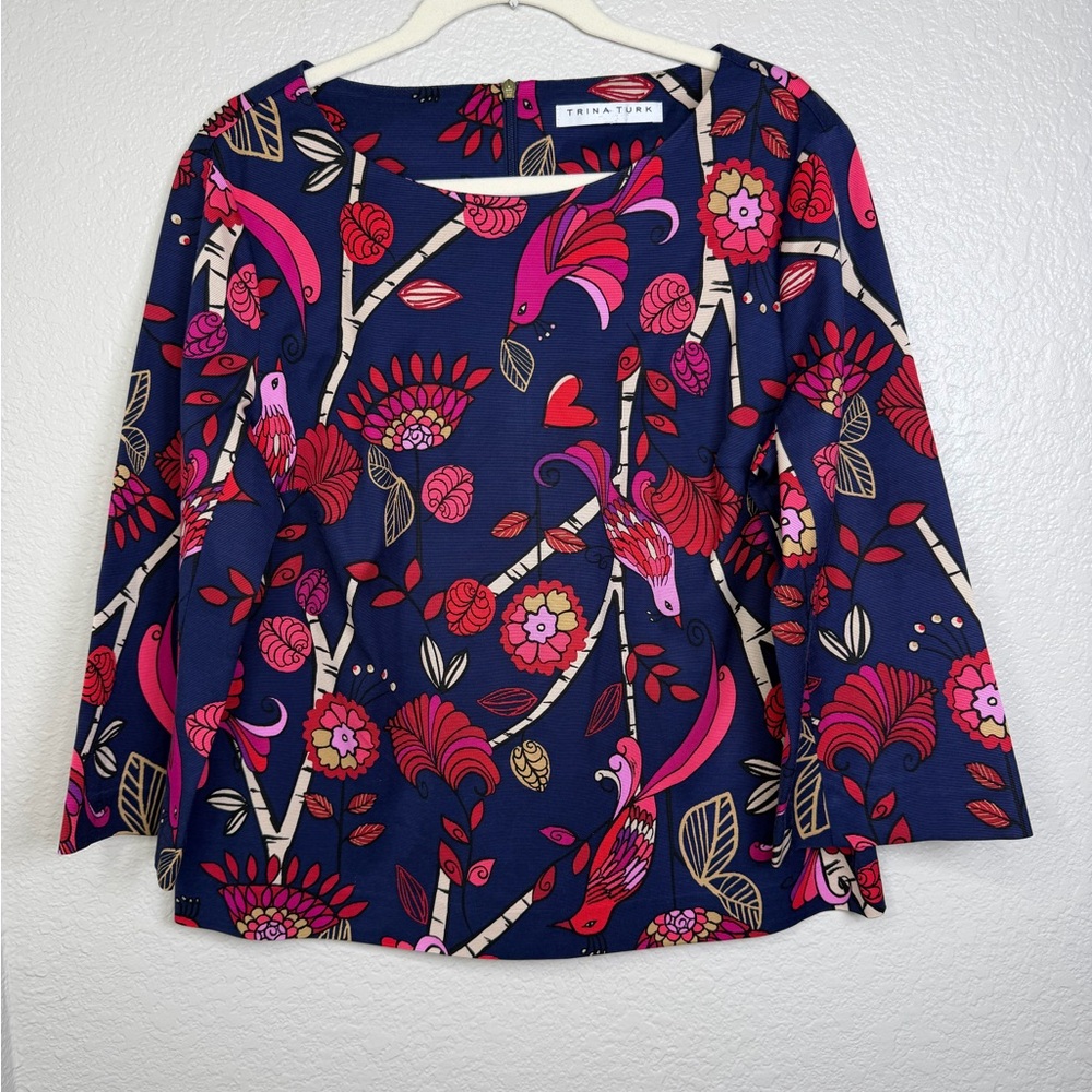 Trina Turk Women’s Multi Color Novelty Floral Bird Print 3/4 Flare Sleeve Top